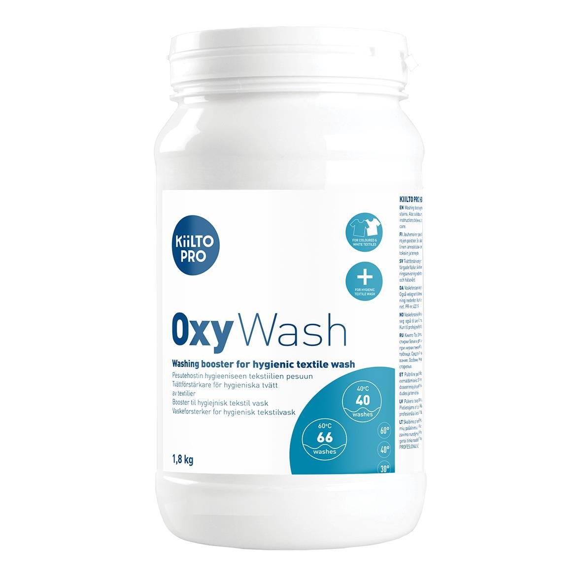 Tvättförstärkare Kiilto Pro Oxy Wash Booster 1,8kg i vit burk med blå etikett