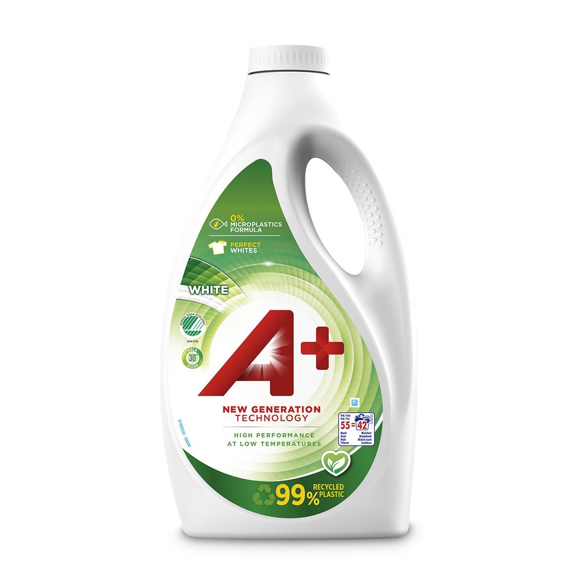 Tvättmedel A+ White Flytande 2200ml i vit flaska med gröna och röda detaljer