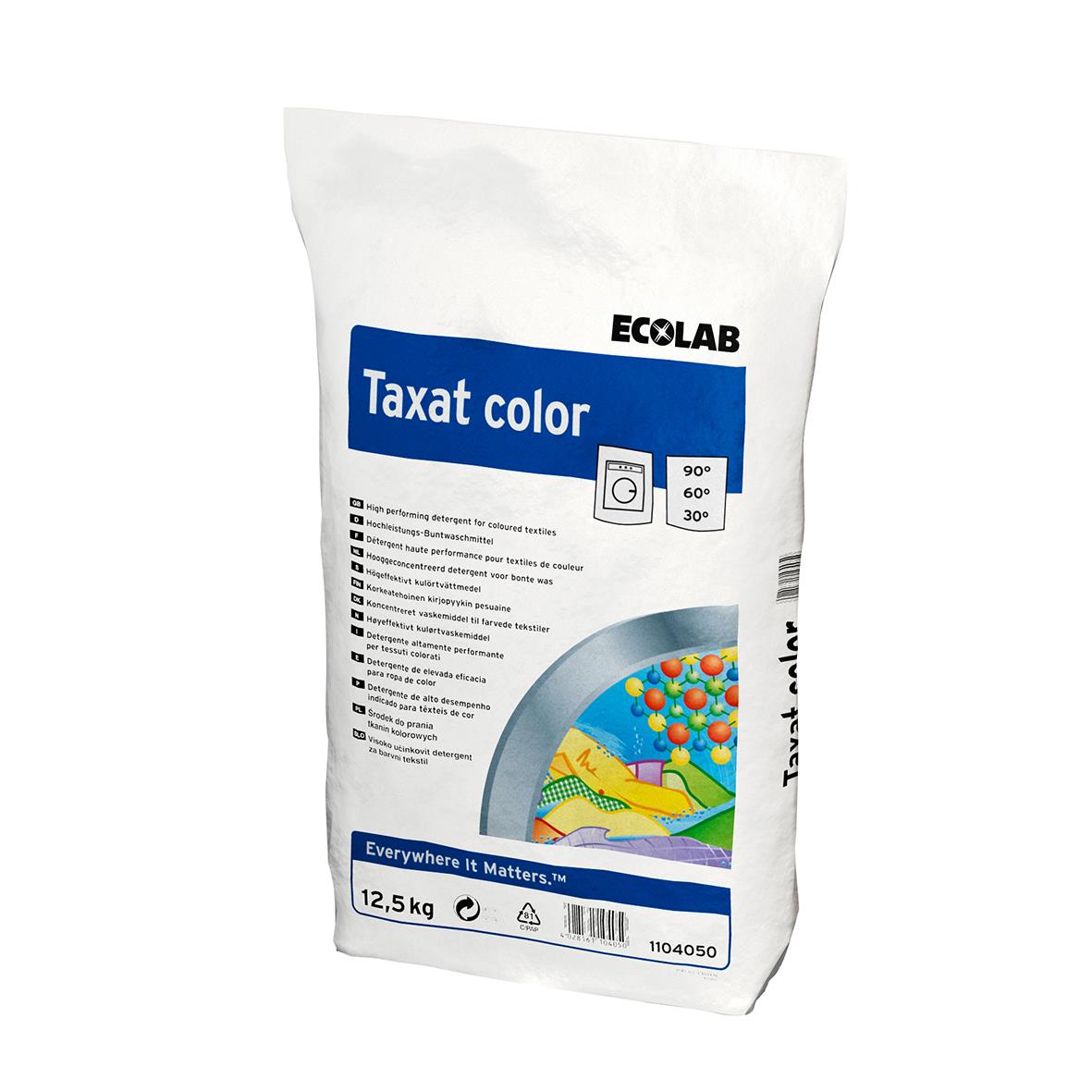 Tvättmedel Ecolab Taxat Color 12,5kg i vit påse med blå etikett och färgglad bild