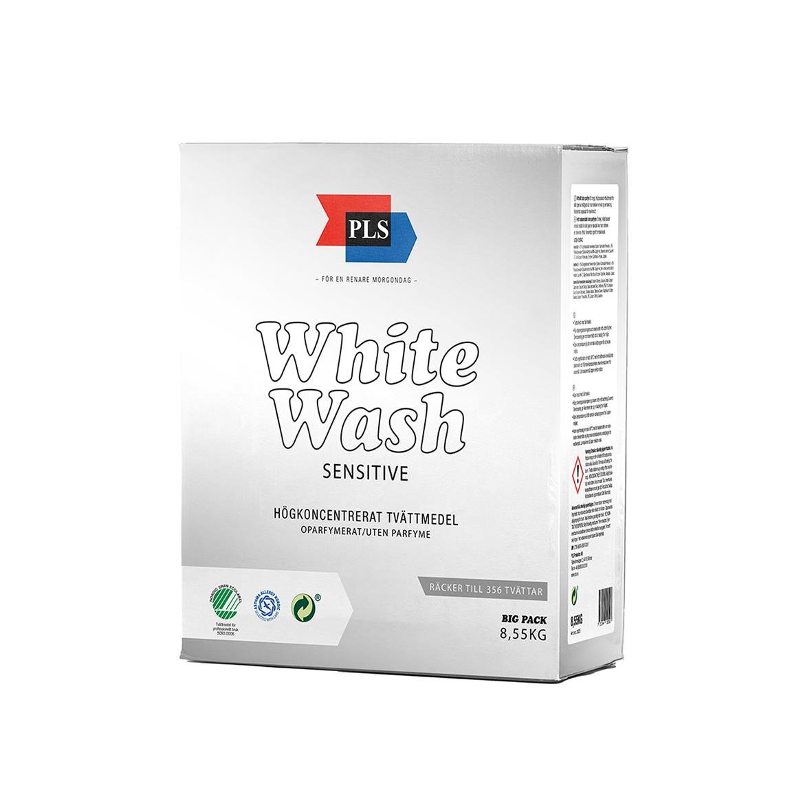 Tvättmedel PLS Vittvätt Allergi Oparfymerad 8,55kg i vit förpackning