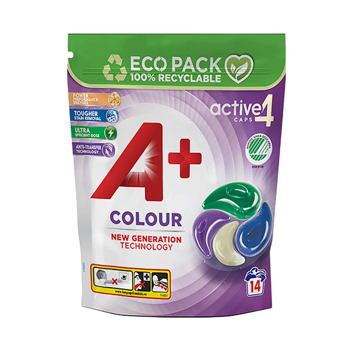 Tvättmedel i påse med grönt Eco Pack, A+ färg, 14 tvättar, aktiv kapsel