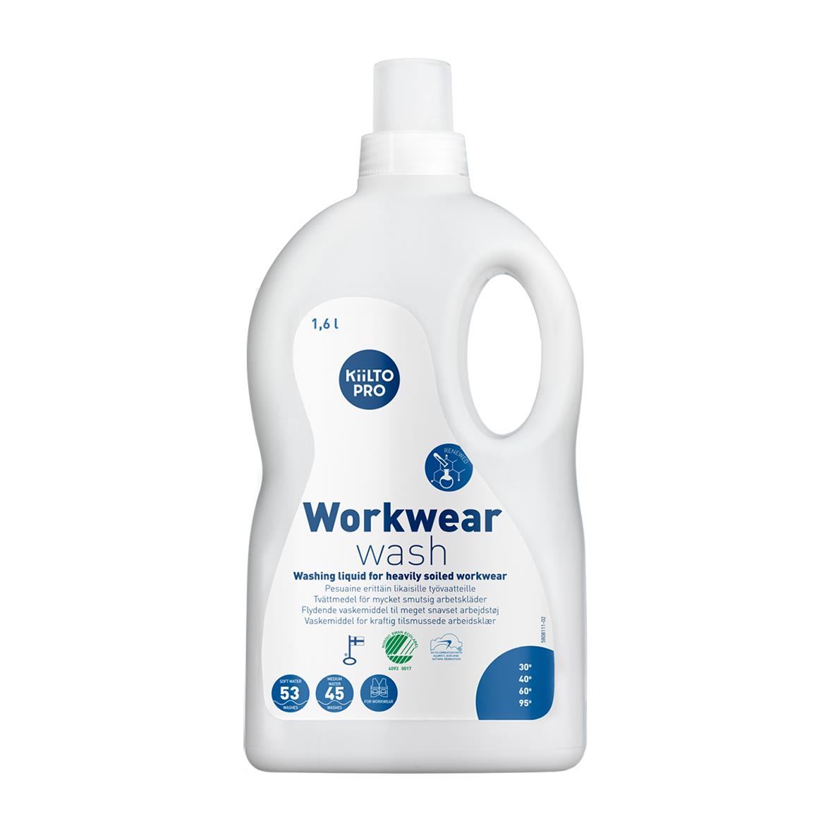 Tvättmedel Kiilto Pro Workwear Wash 1,6L i vit flaska med blå och vita etiketter