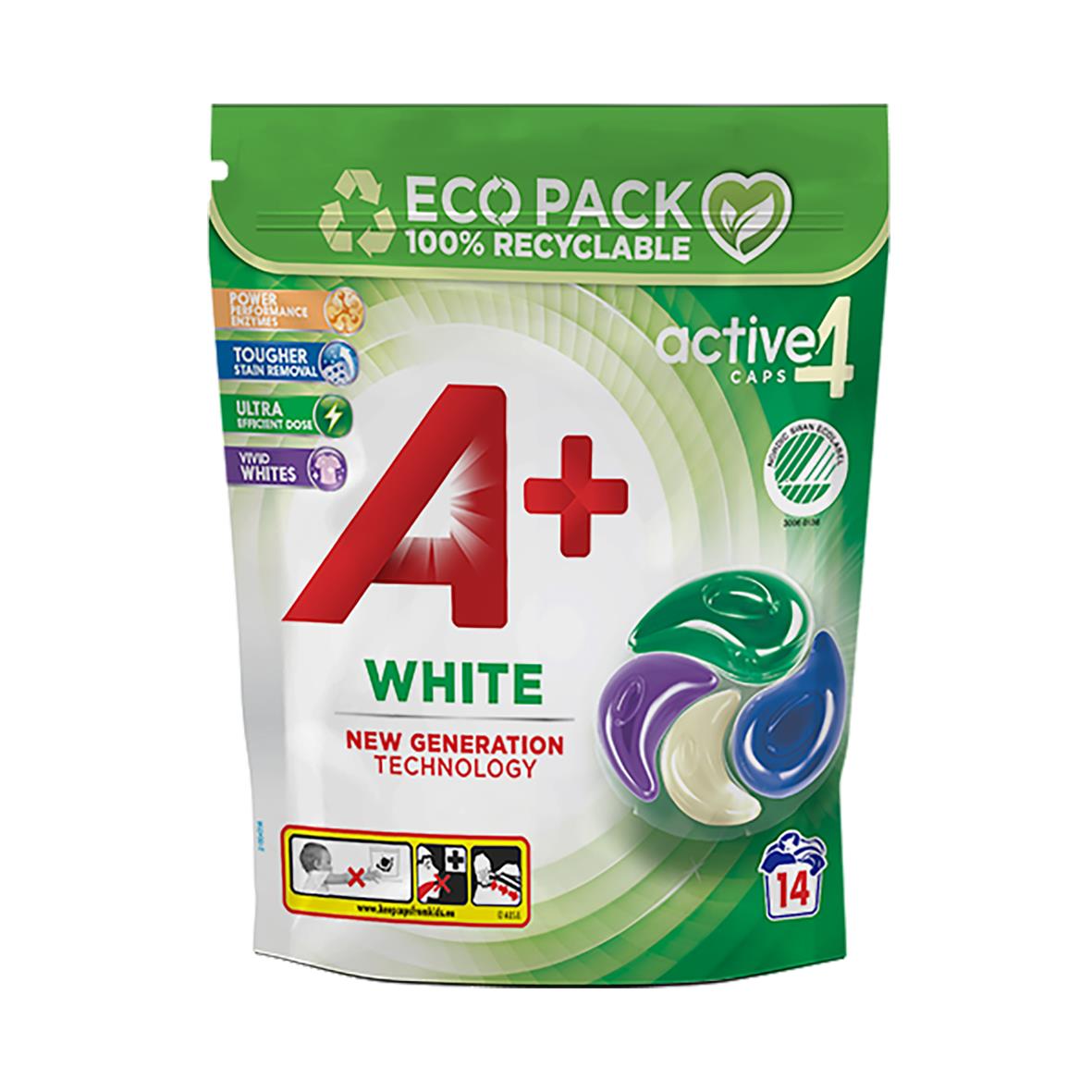 Tvättmedel A+ White Tvättkapslar Active 4 i miljövänlig förpackning med 14 kapslar