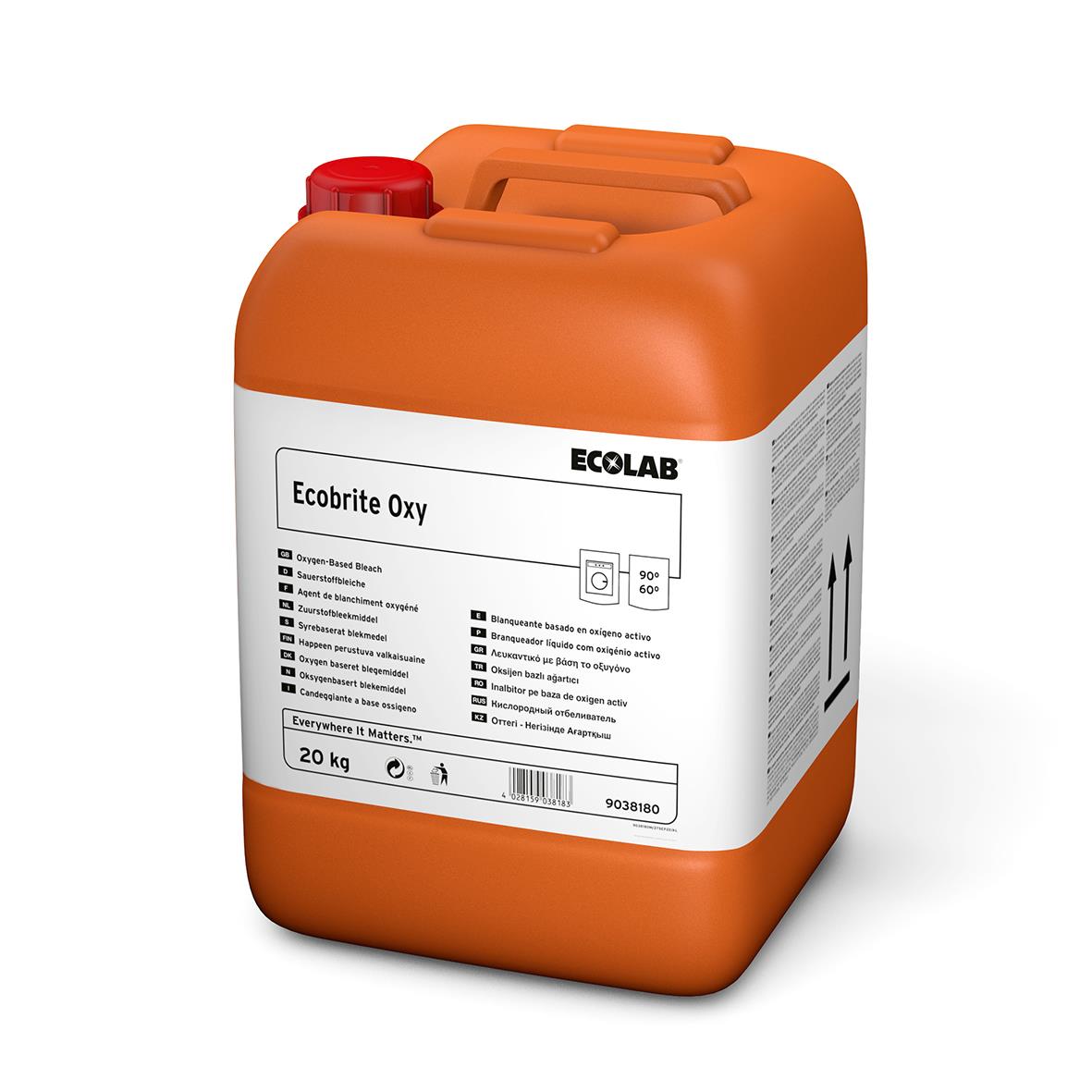 Stor orange behållare med vit etikett för Ecolab Ecobrite Oxy 20kg blekmedel