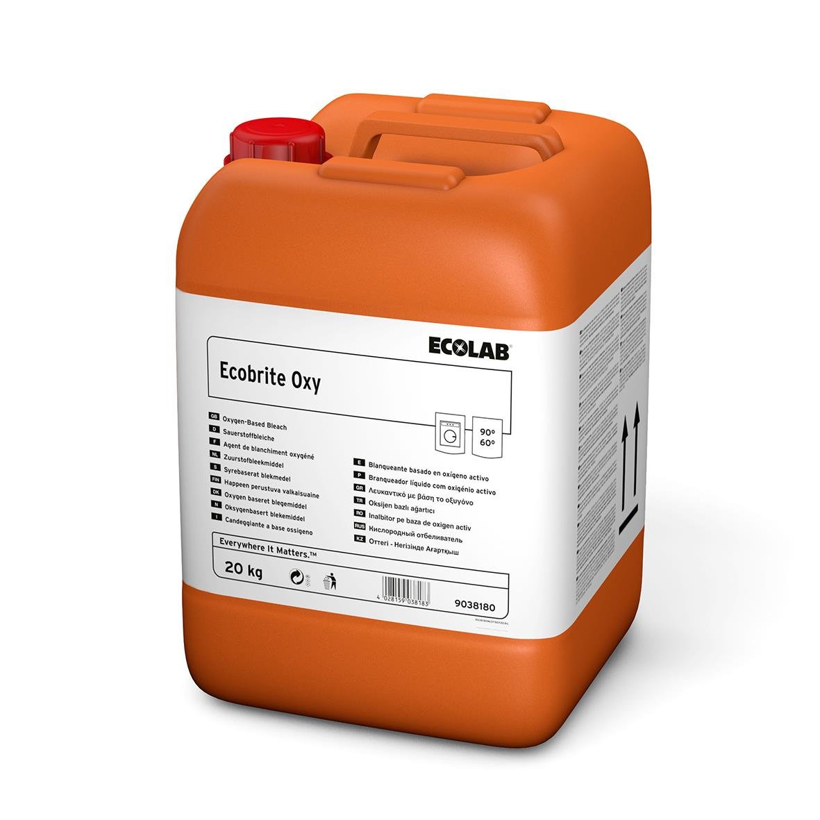 Stor orange behållare med vit etikett för Ecolab Ecobrite Oxy 20kg blekmedel