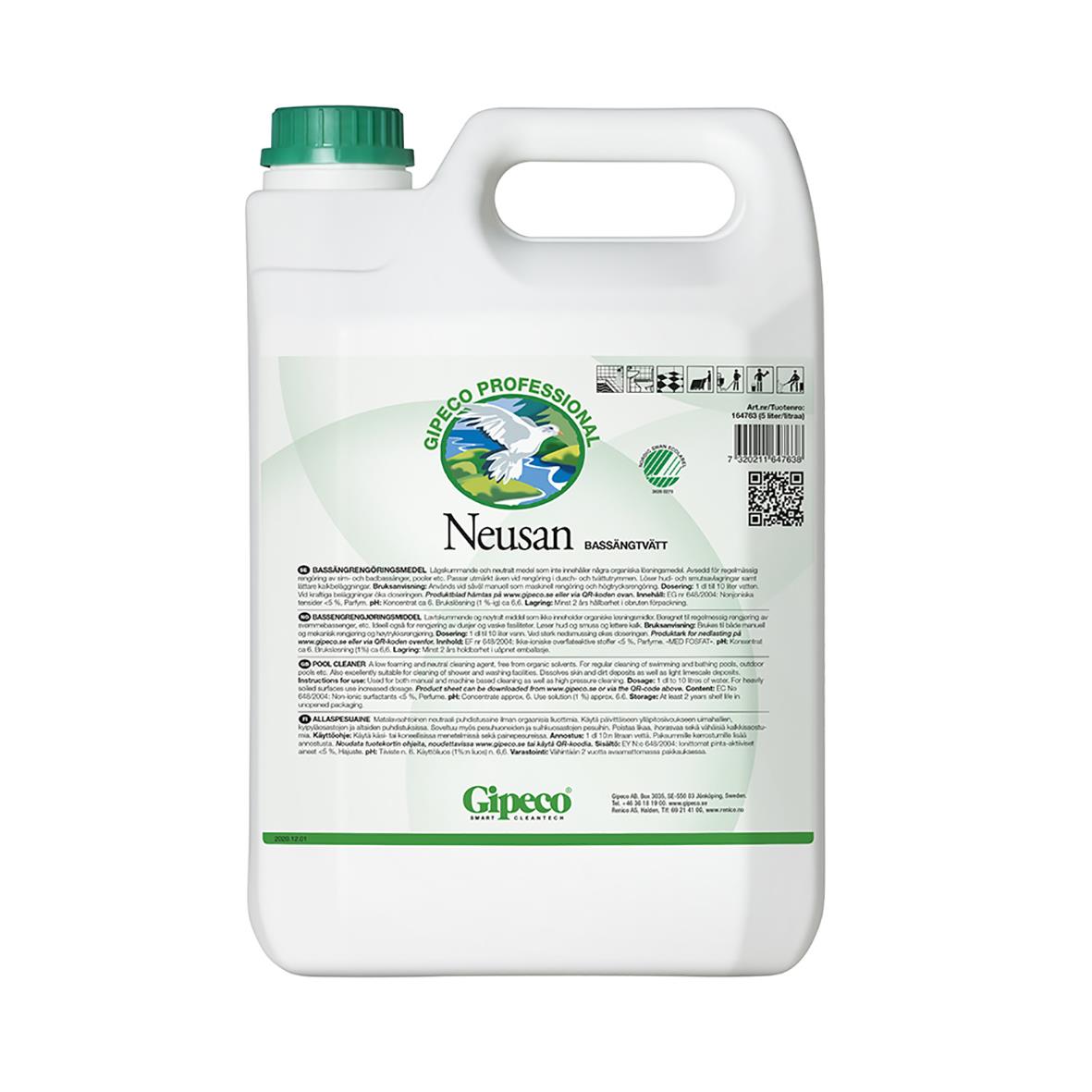 Stor vit plastflaska med grön topp och etikett för Gipeco Neusan 5L bassängtvätt