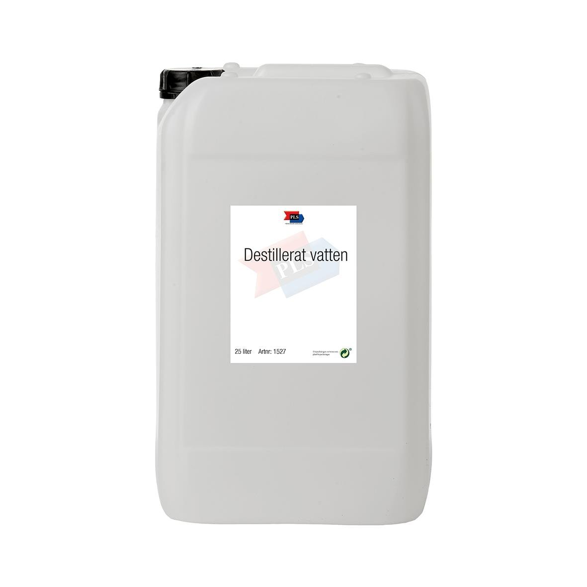 Stor vit plastdunk med etikett Destillerat Vatten PLS 25L