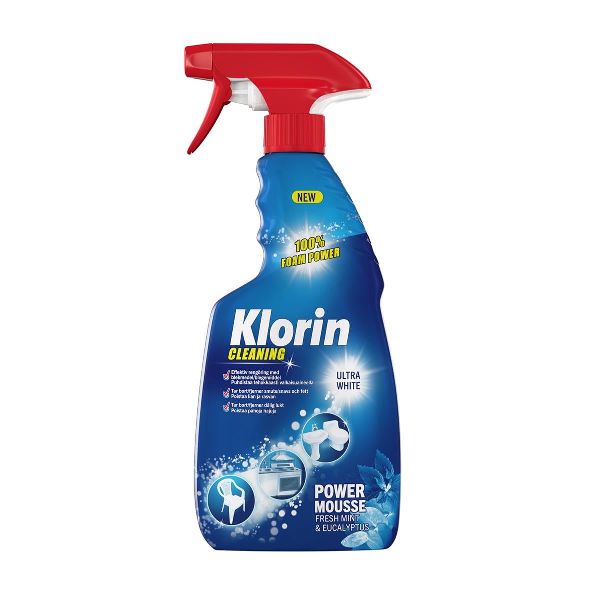 Ytdesinfektion Klorin Power Mousse Spray 500ml i sprayflaska med röd och blå design