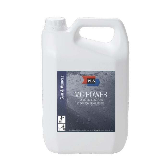 Fordon rengöringsmedel PLS MC-Power 5L i vit dunk med blå etikett