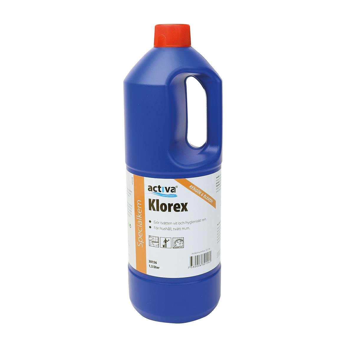 Blå plastflaska med orange lock och etikett för Ytdesinfektion Activa Klorex 1,5L