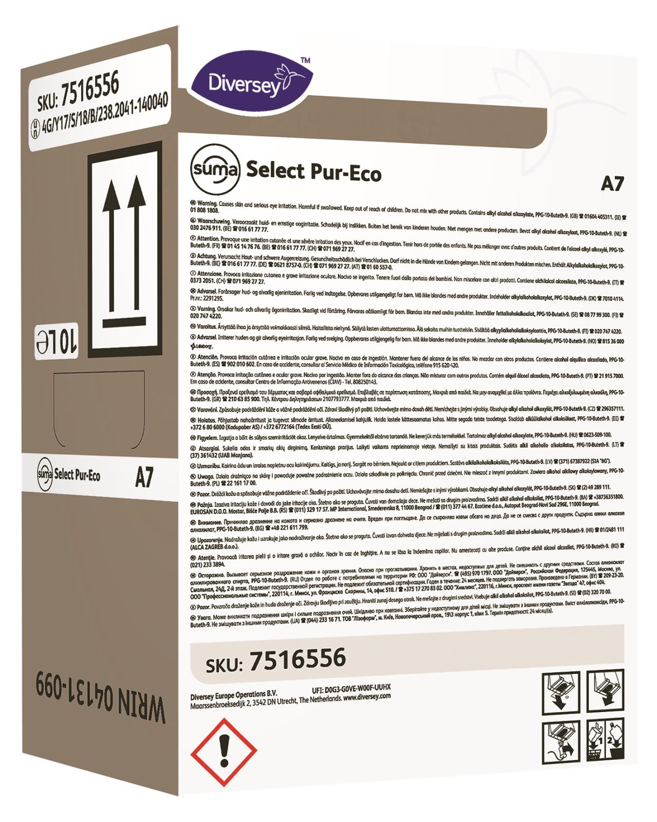 Förpackning av Torkmedel Diversey Suma Select Pur-Eco SafePack A7 10L med varningssymbol och produktinformation