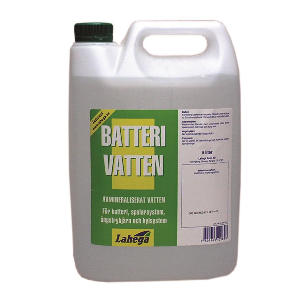 Batterivatten Lahega 5L i stor vit plastflaska med grönt och gult etikett