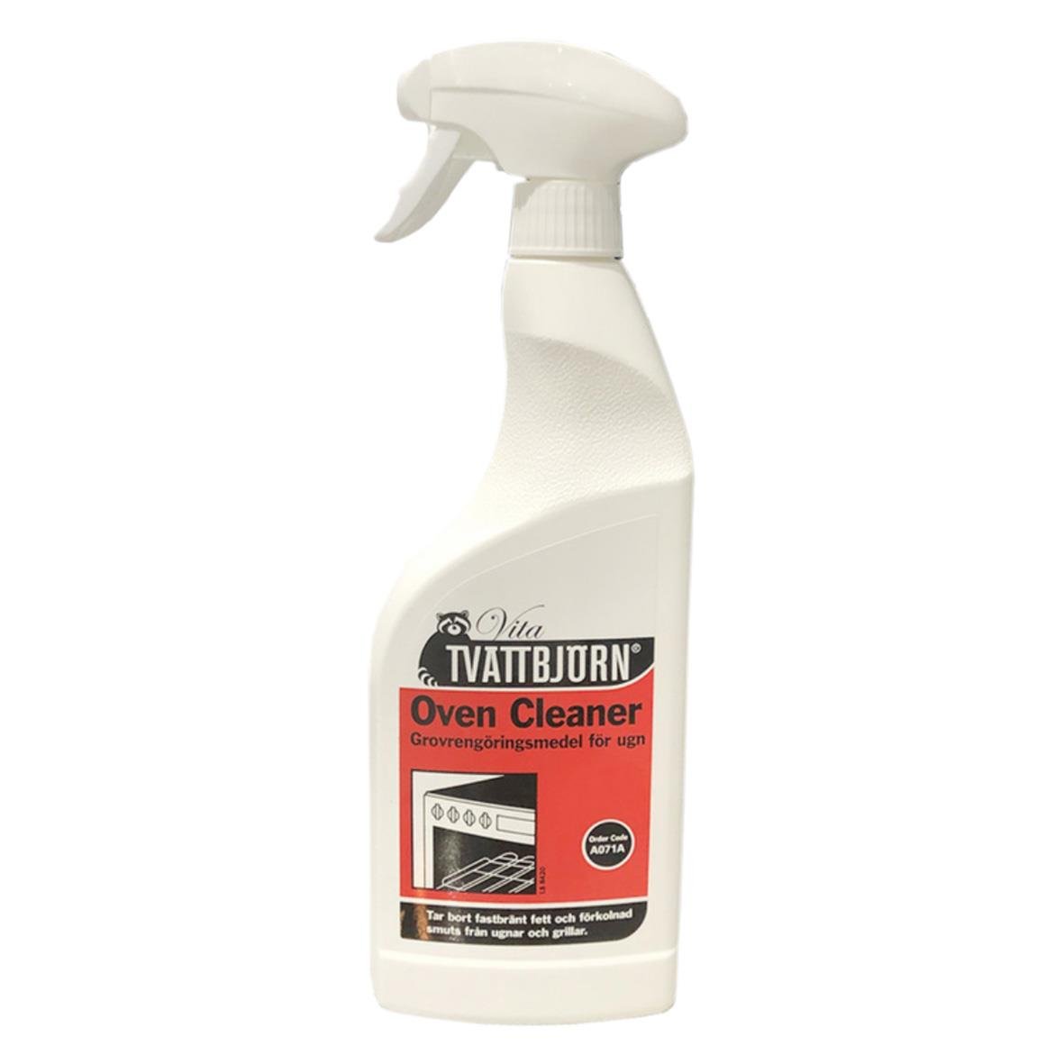 Vit sprayflaska för ugnsrengöring placerad i ett kök, nära en ugn och ett skåp