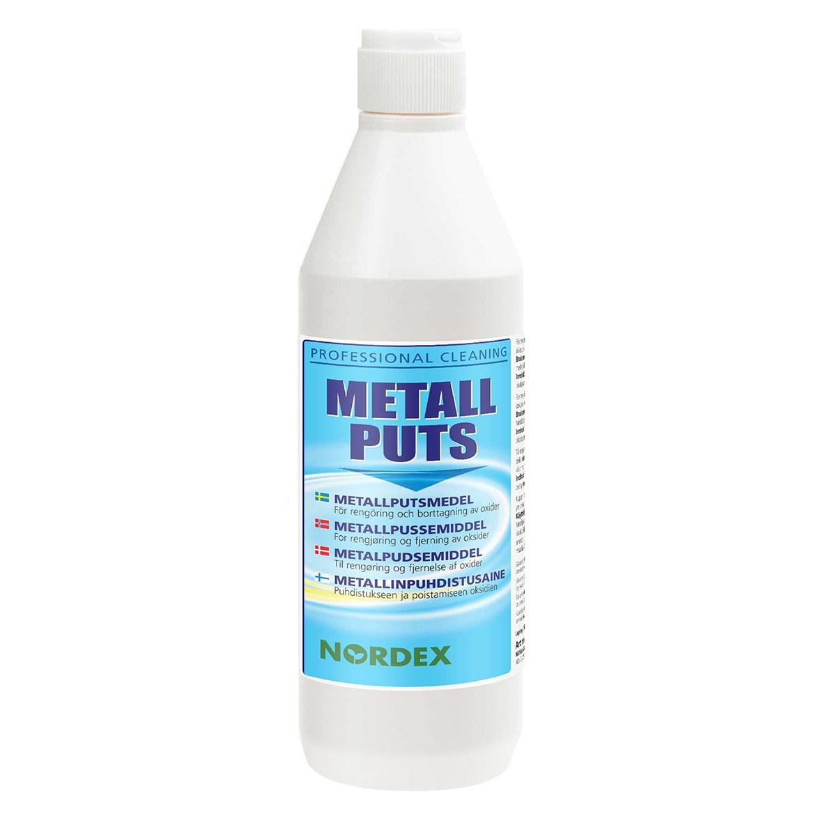 Metallputs Nordex 500ml rengöringsmedel för metall, vit flaska med blå etikett