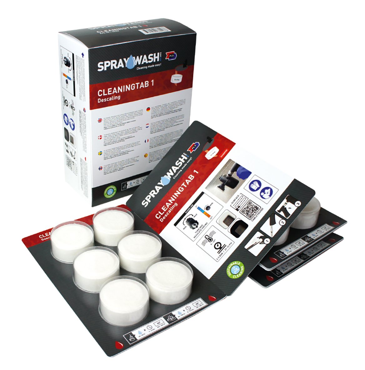 Spraywash rengöringstab med sex vita block och instruktioner, utan parfym, i rött och svart för rengöring