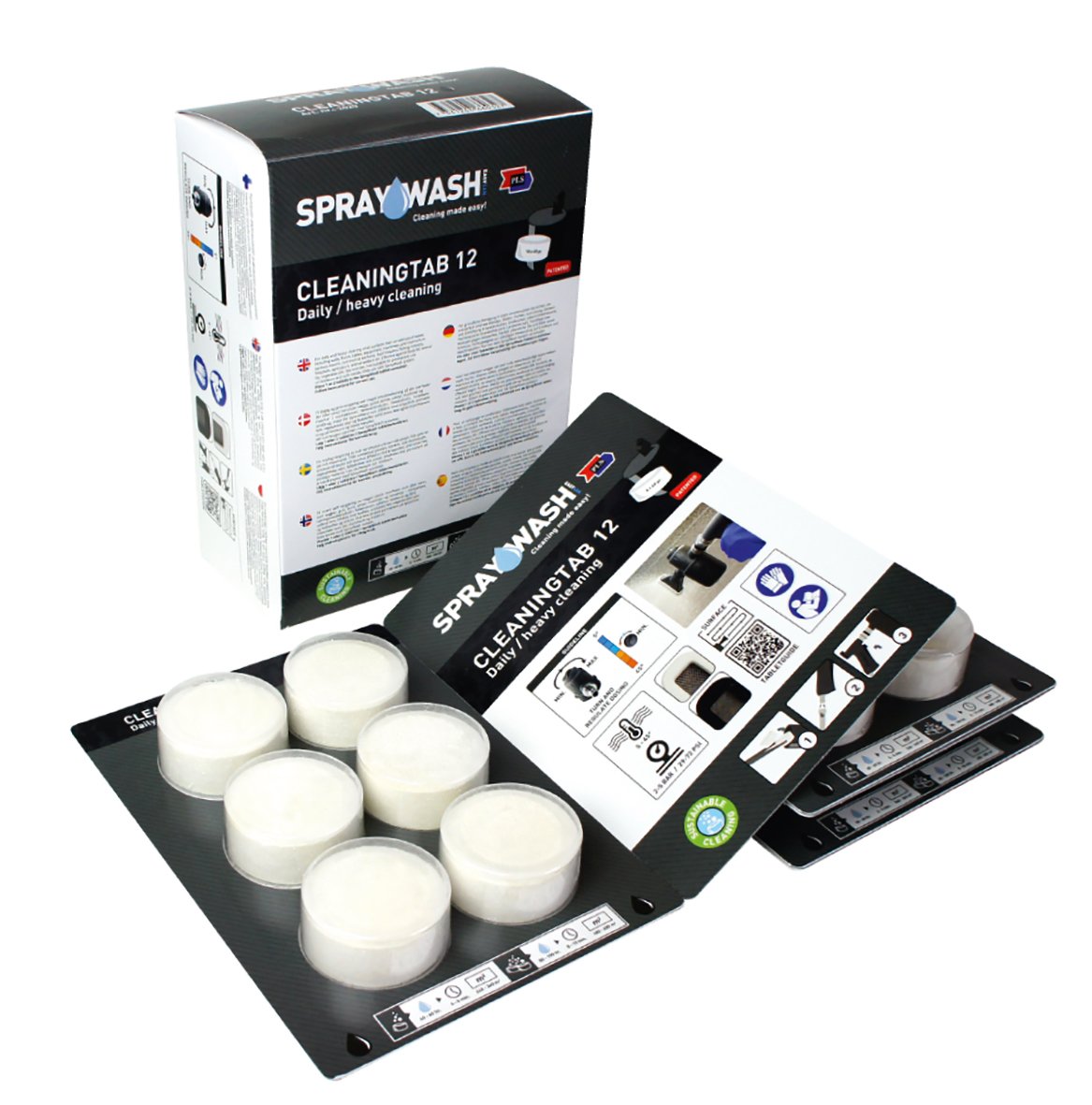 Spraywash rengöringstab 12 svart utan parfym med sex vita block och instruktioner