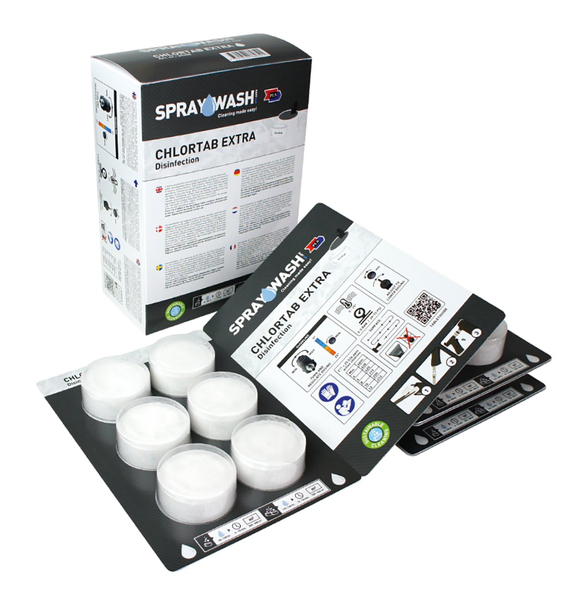 Spraywash rengörings- och desinfektionsklortab i vit förpackning med instruktioner