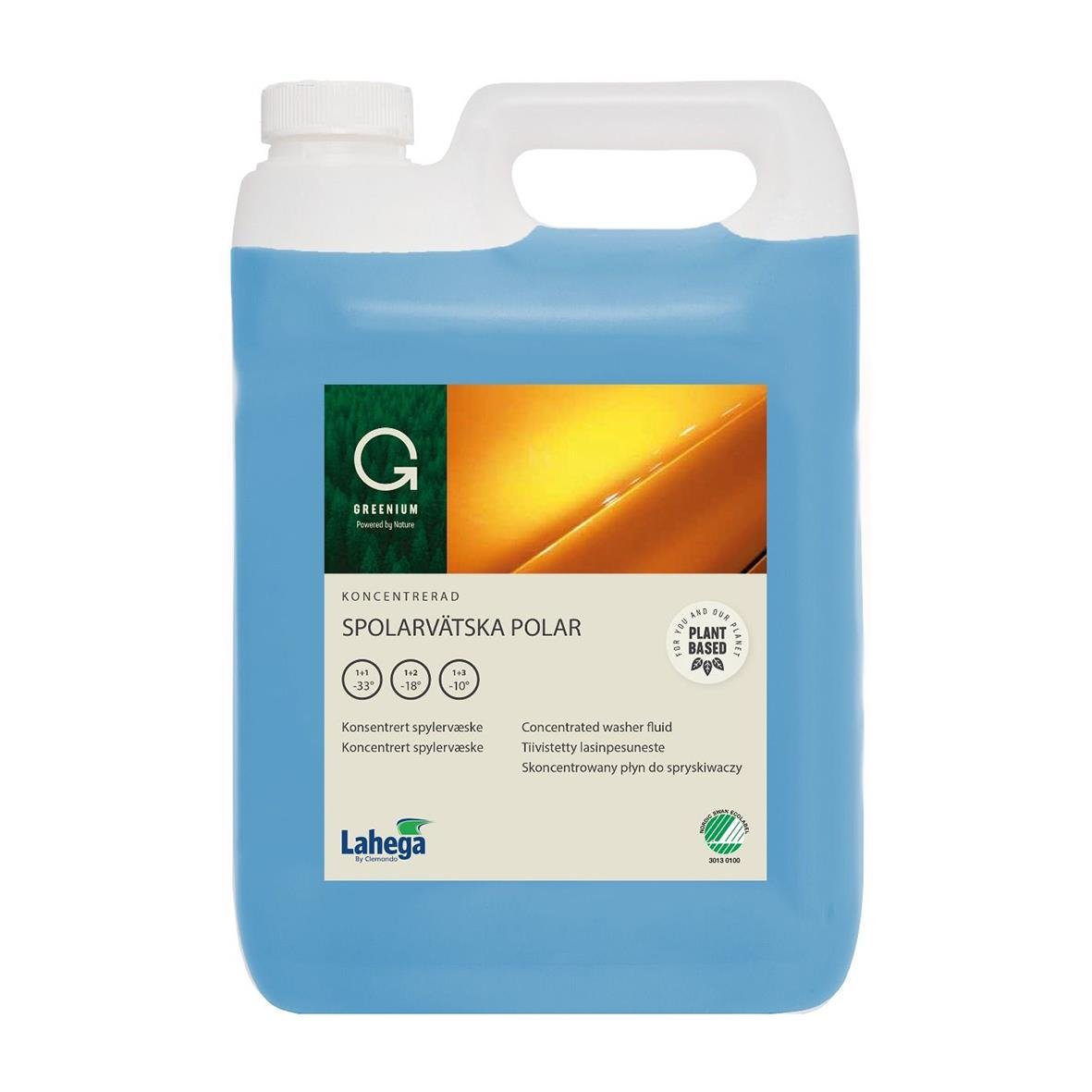 Spolarvätska Lahega Greenium Polar 5L i blå flaska med handtag och etikett