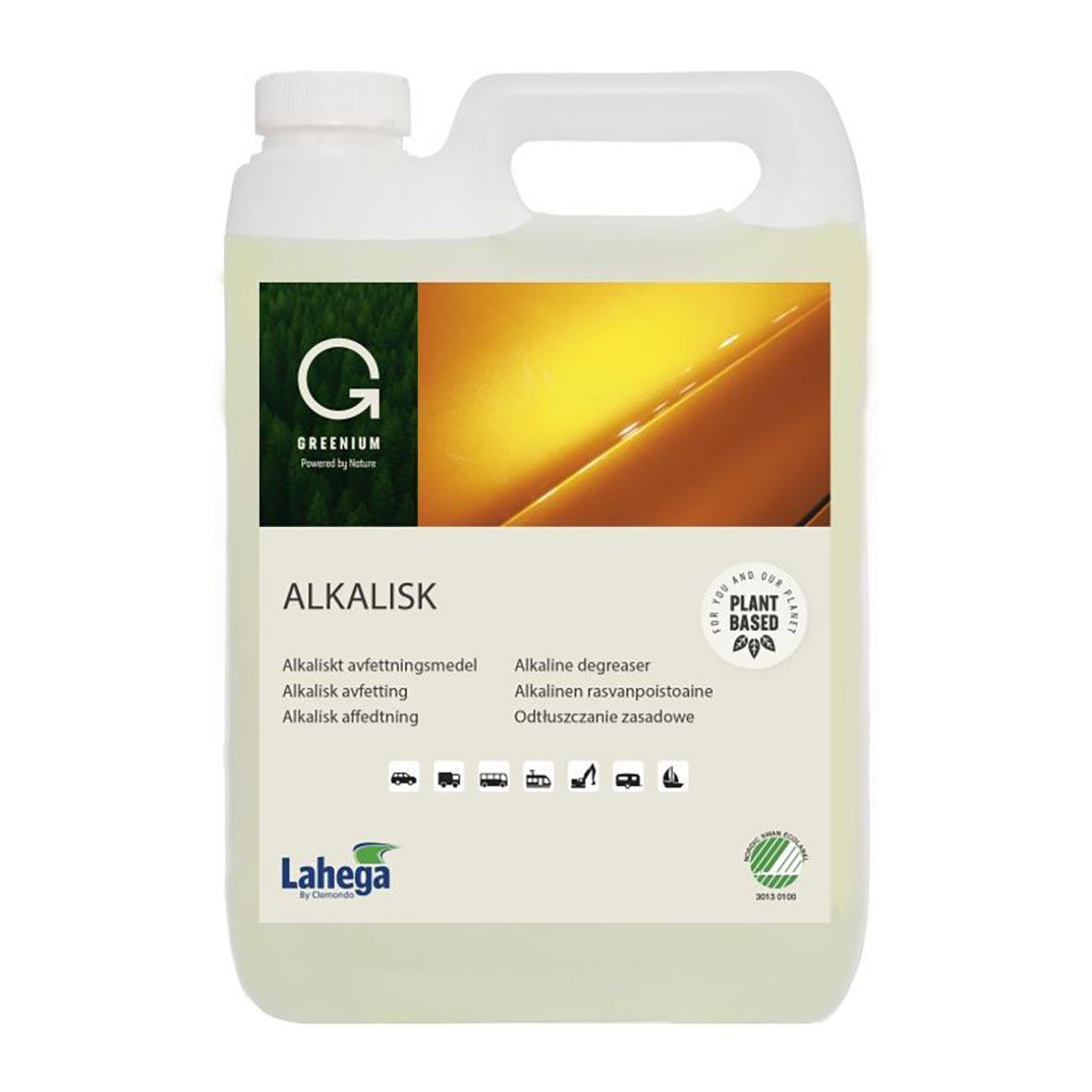 Avfettning Lahega Greenium Alkalisk 5L i vit plastflaska med handtag och etikett