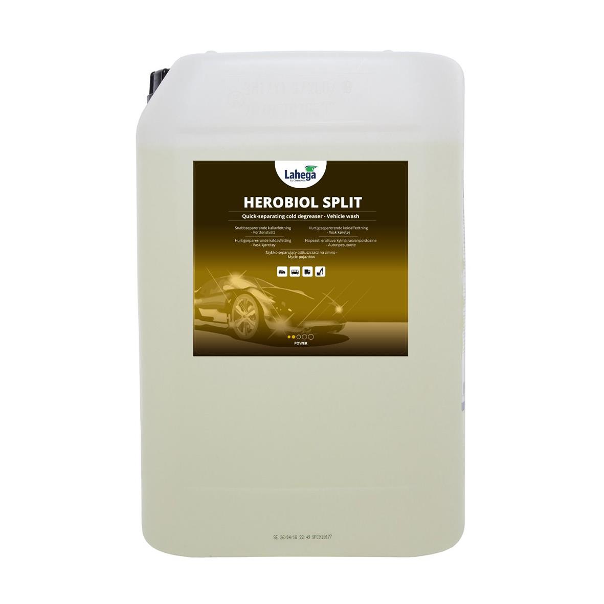 Stor vit plastdunk med etikett för Herobiol Split kallavfettning 25L, bil på bakgrund