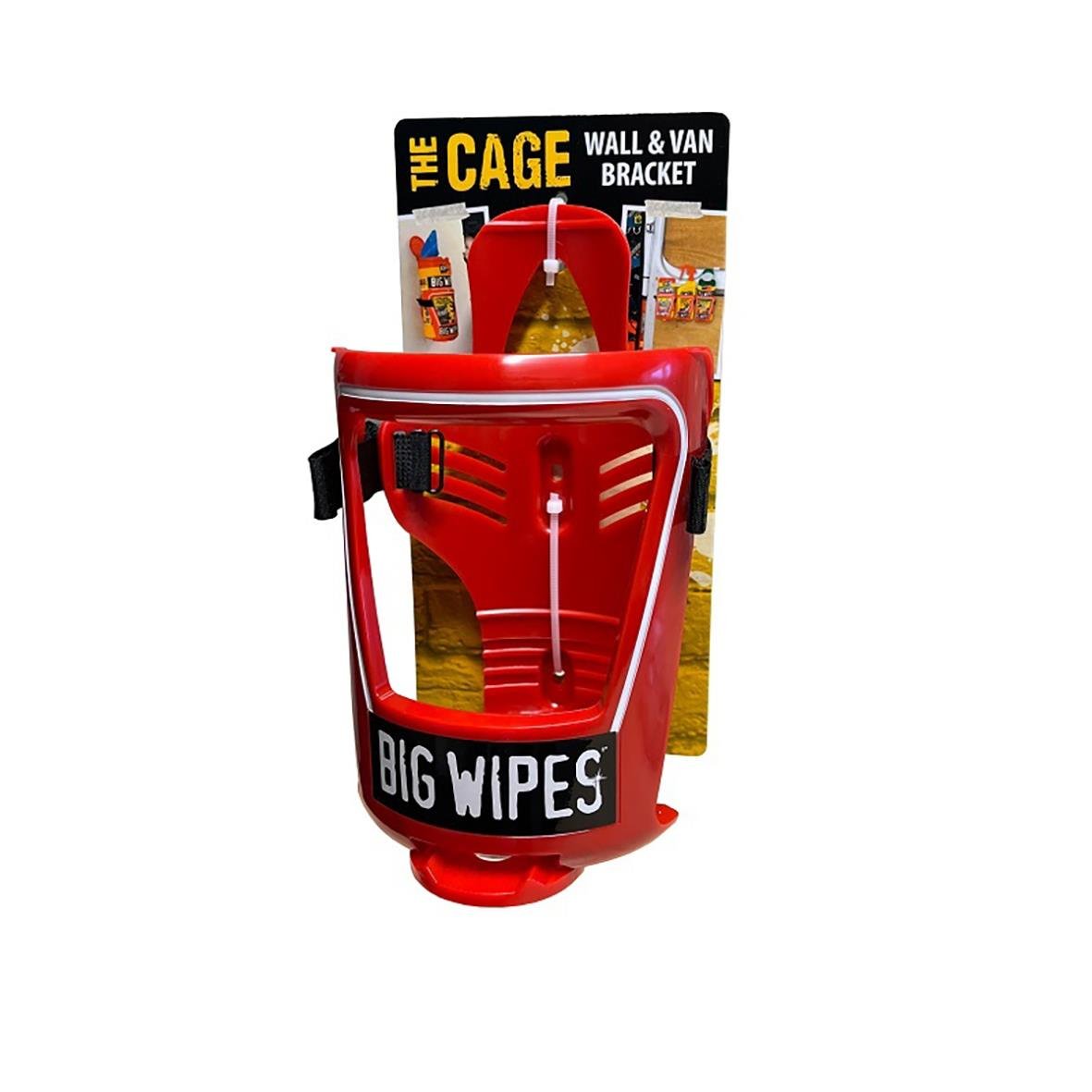 Hållare för Big Wipes Power Plast i rött med svart text och fäste för vägg eller bil