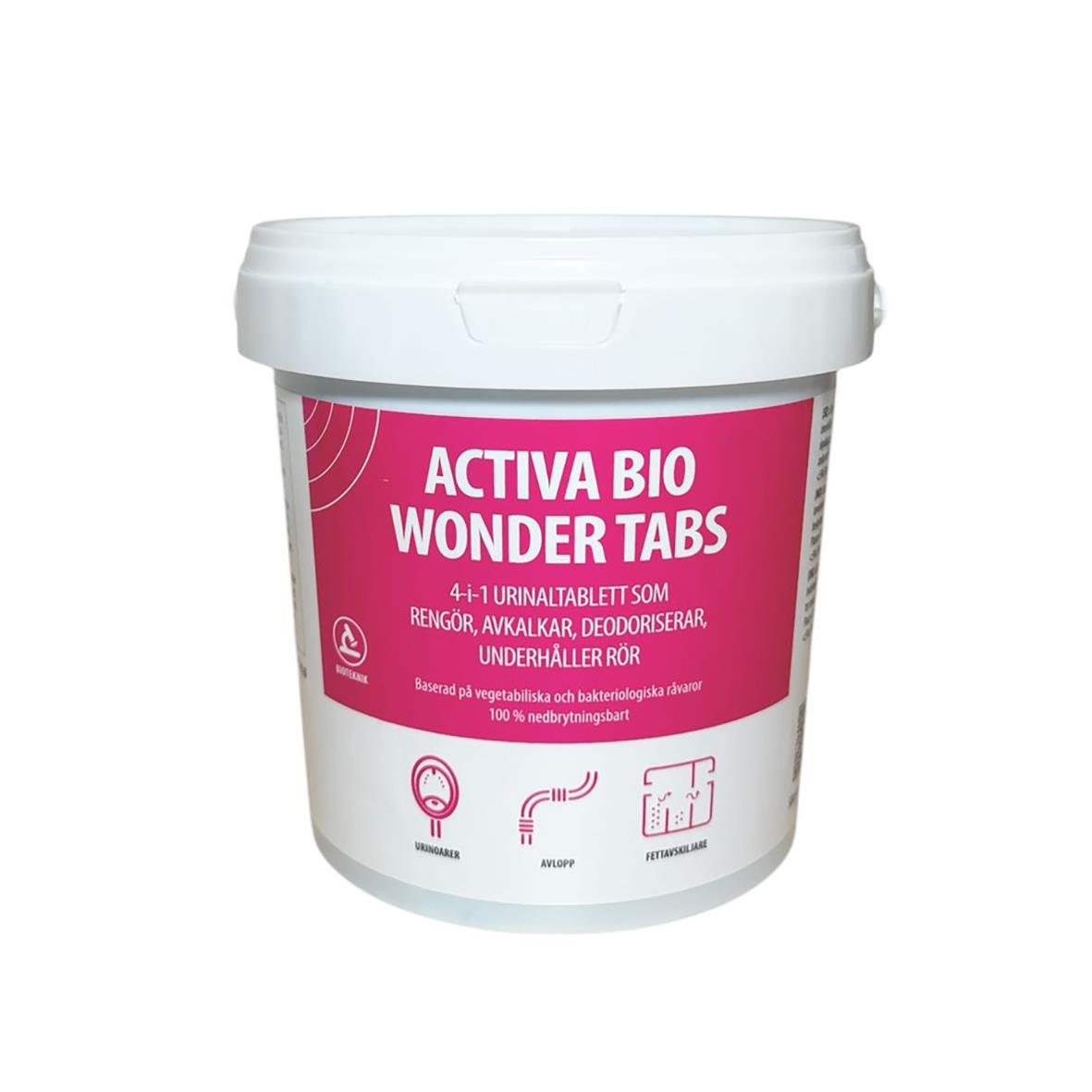 Urinoartablett Activa Bio Wonder Tabs 16x40g/brk i vit och rosa behållare med text