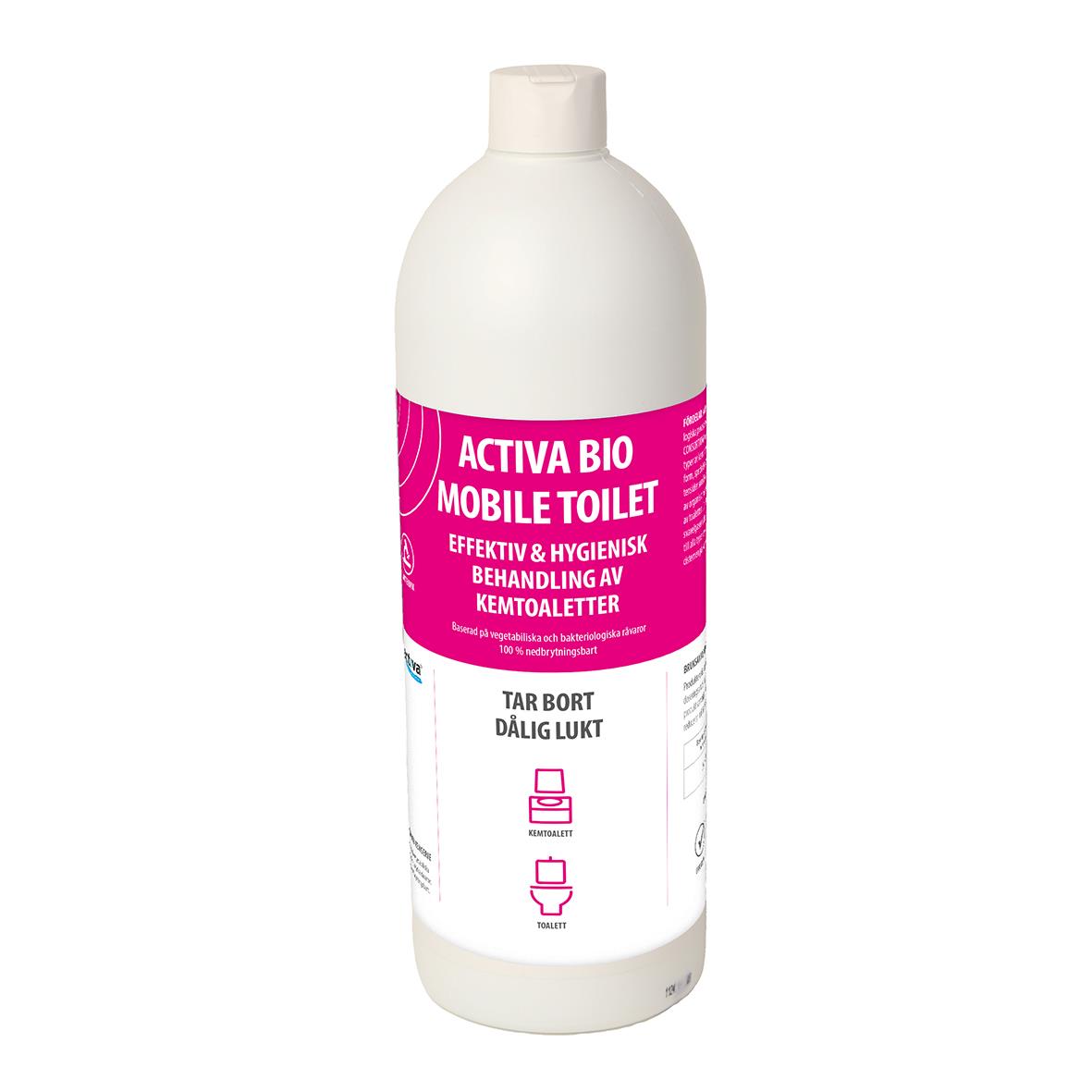 Toalettvätska Activa Bio Mobile Toilet 1L i vit flaska med rosa etikett
