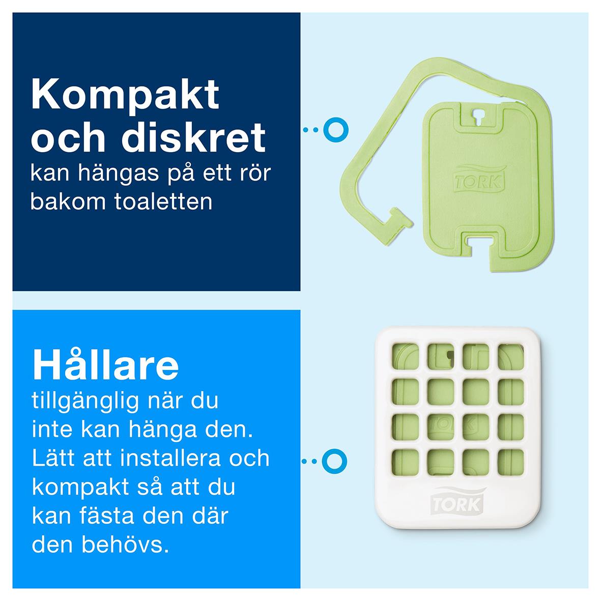 Kompakt doftplatta Tork A2 luftfräschare som kan hängas bakom toaletten, lätt att installera och fästa på plats