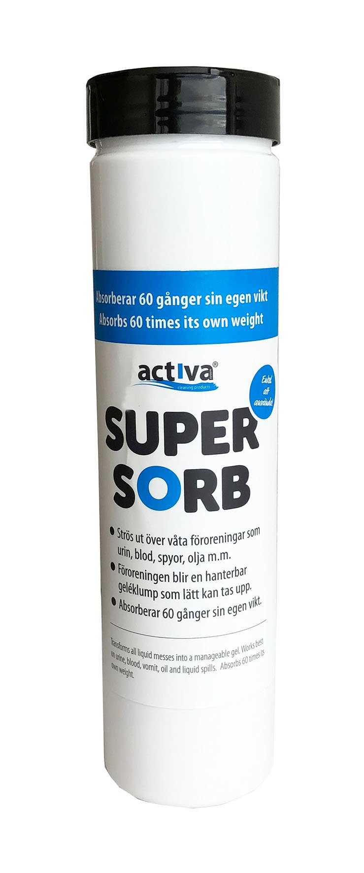 Absorberingsmedel Activa SuperSorb 350g i vit burk med svart lock och blå och vit etikett