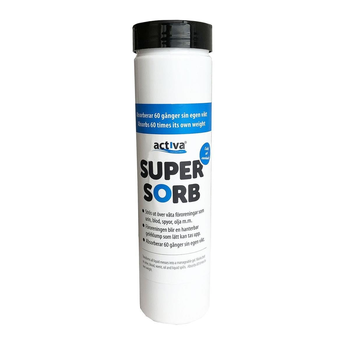 Absorberingsmedel Activa SuperSorb 350g i vit burk med svart lock och blå och vit etikett