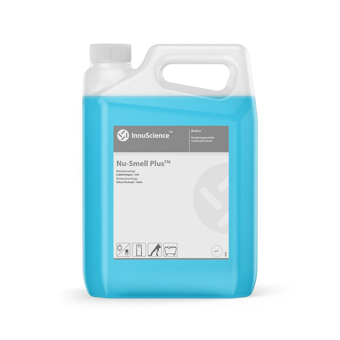 Blått 5-liters behållare av Innu-Science Nu-Smell Plus luktborttagningsmedel