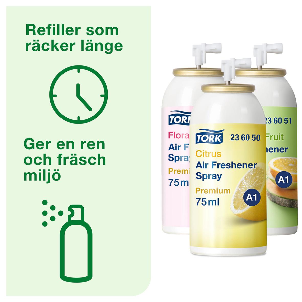 Tork A1 luftfräschare starterpack med hållare och tre refill i vit färg, ger långvarig frisk doft och ren miljö
