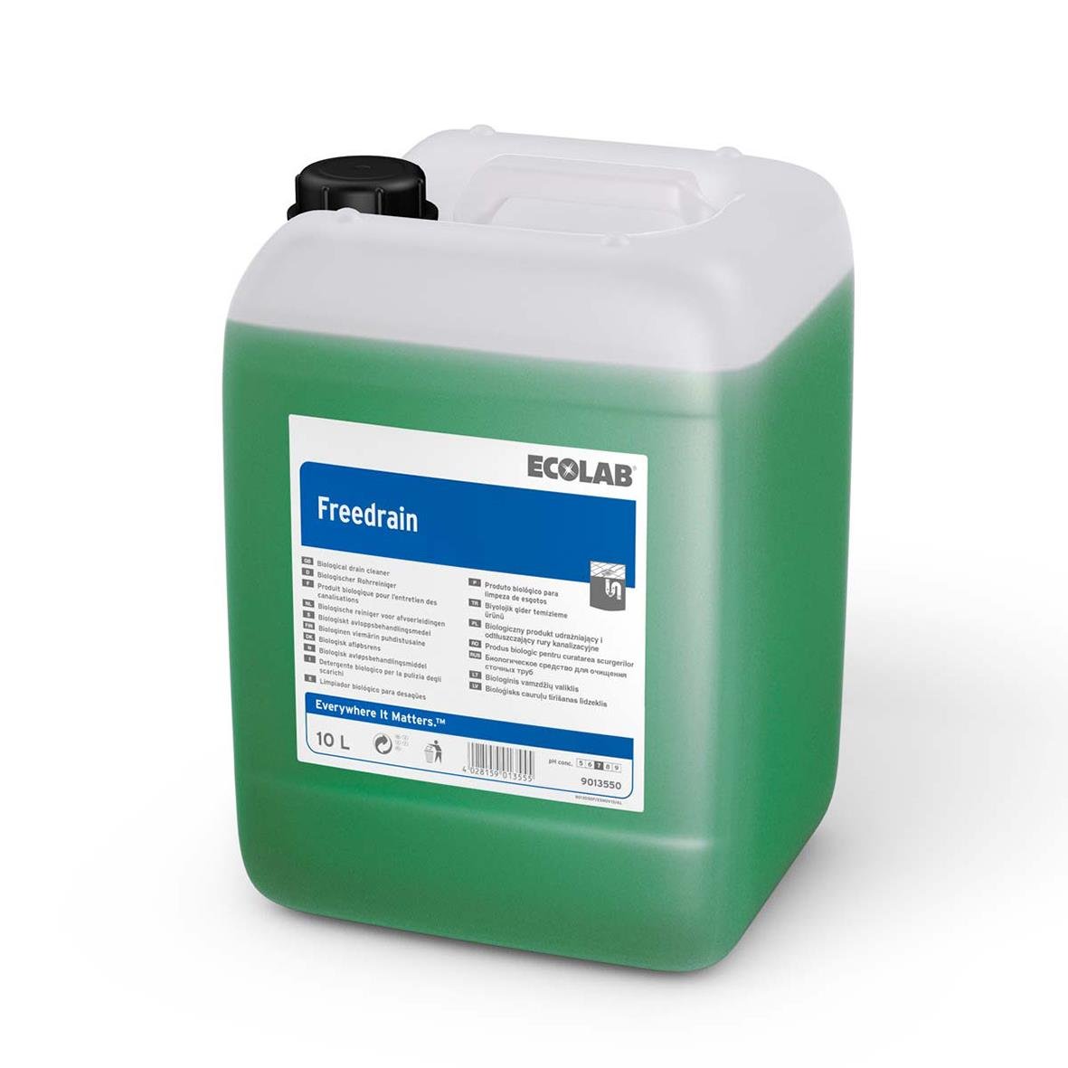 Stor grön och vit plastbehållare med blå och vit etikett för Ecolab Freedrain 10L lukt- och fettsaneringsprodukt