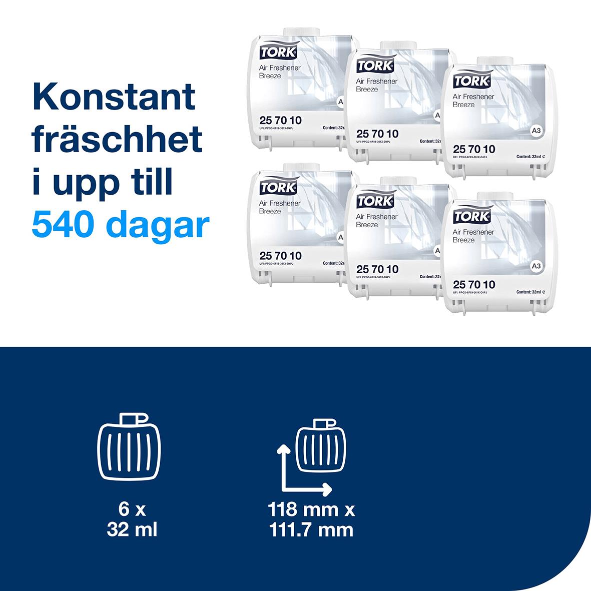 Tork Konstant Bris luftfräschare i förpackning med 6 enheter, 32 ml, 118 mm x 111.7 mm, ger konstant frisk doft i upp till 540 dagar