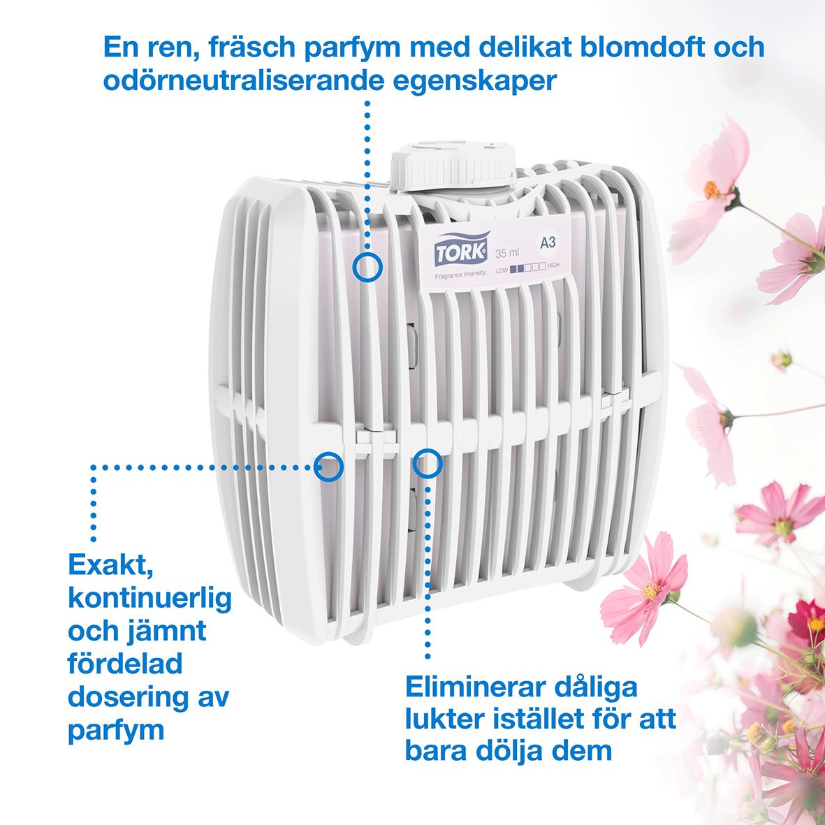 Tork A3 luftfräschare med blommig doft och neutraliserande egenskaper, jämn dosering och effektiv luktborttagning