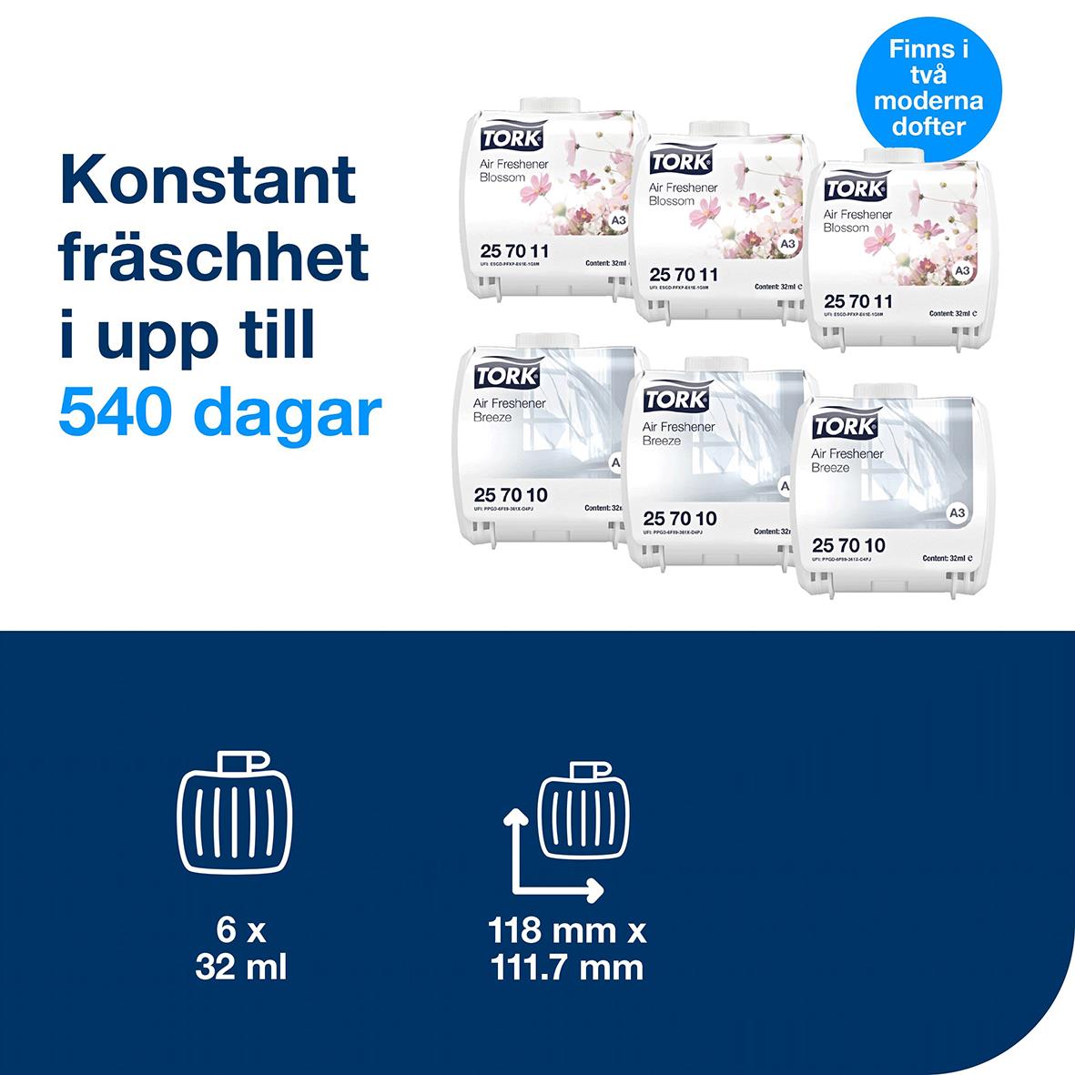 Tork luftfräschare A3 med blandade moderna dofter, varar upp till 540 dagar, 6 stycken 32 ml, mått 118x111.7 mm.