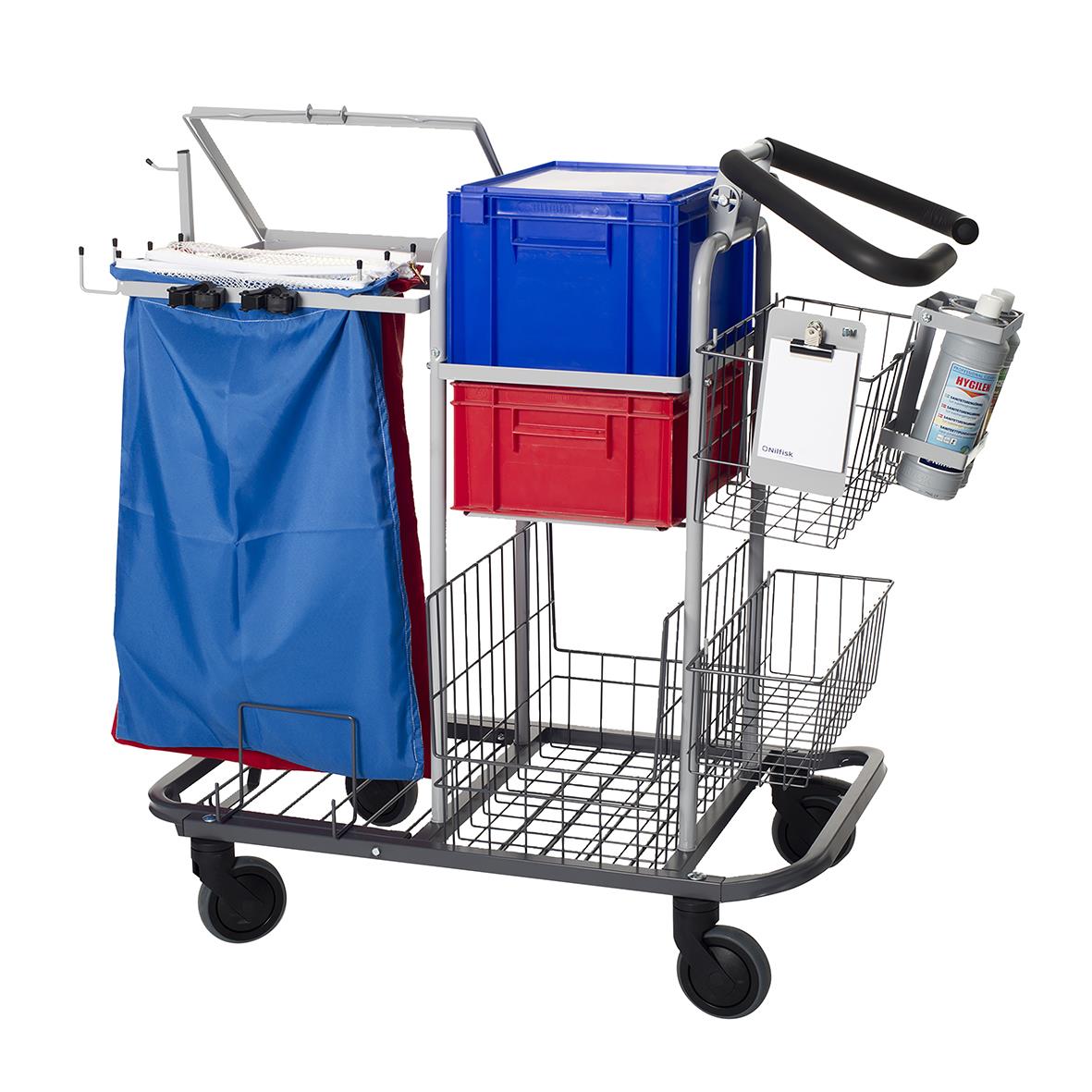 Liten komplett städvagn med blå påse, förvaringslådor, korg och rengöringsutrustning