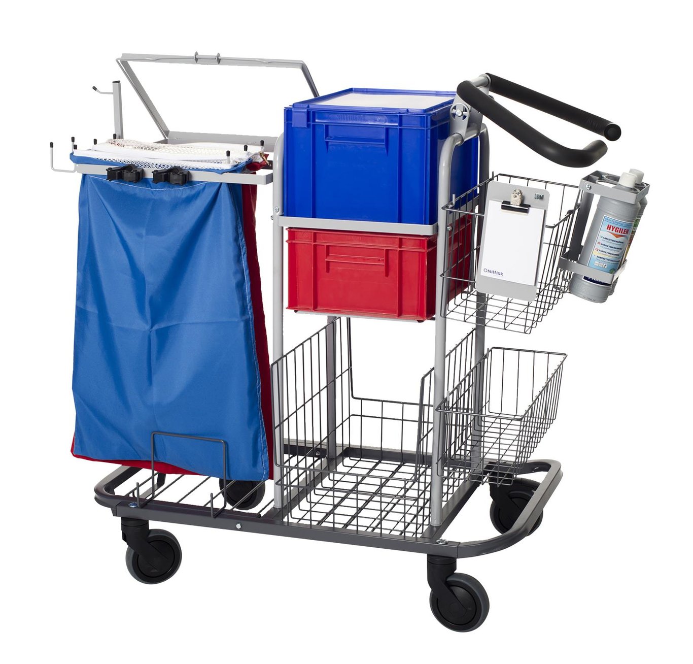 Liten komplett städvagn med blå påse, förvaringslådor, korg och rengöringsutrustning