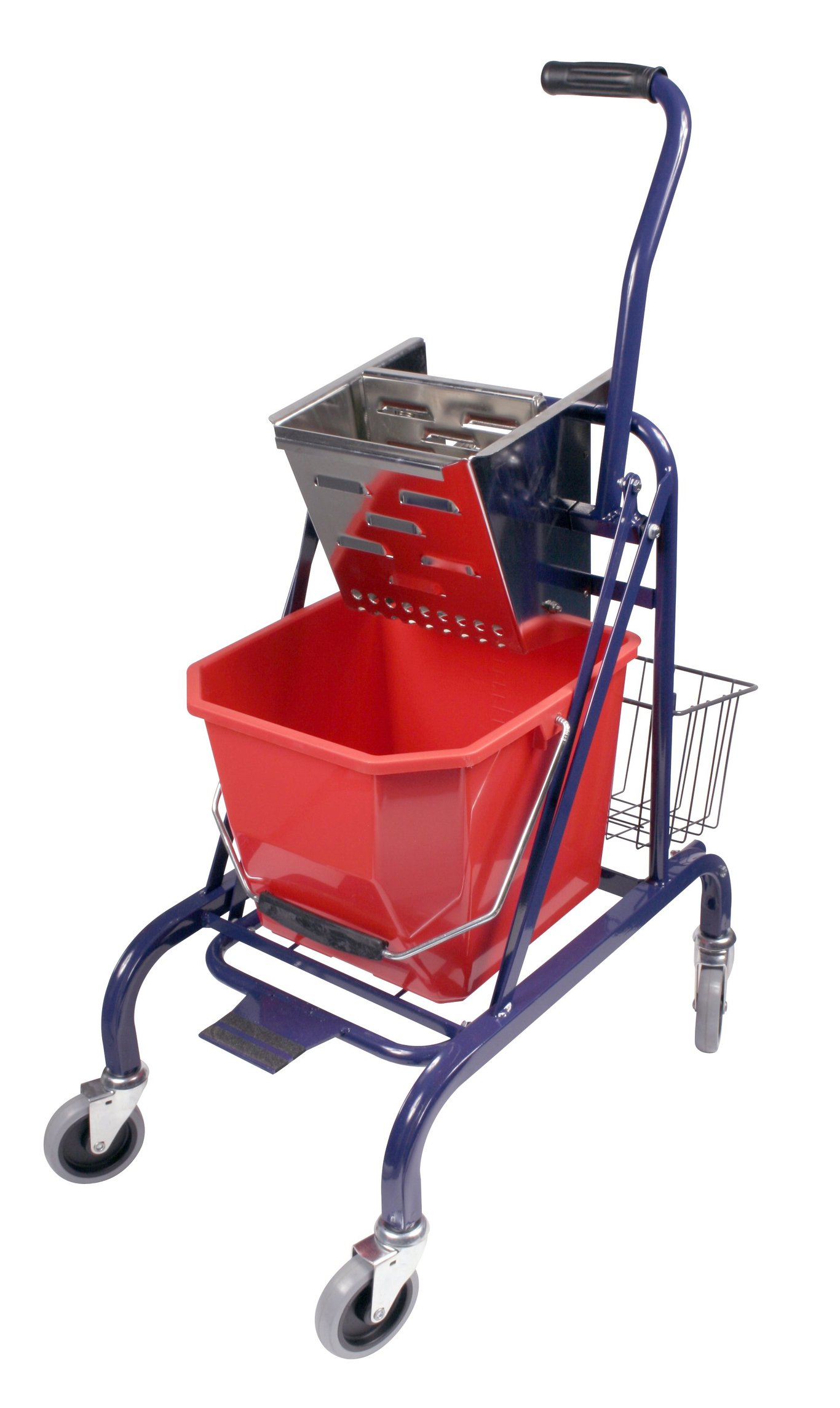 Robust blå svabbvagn med rostfri press och stor röd behållare