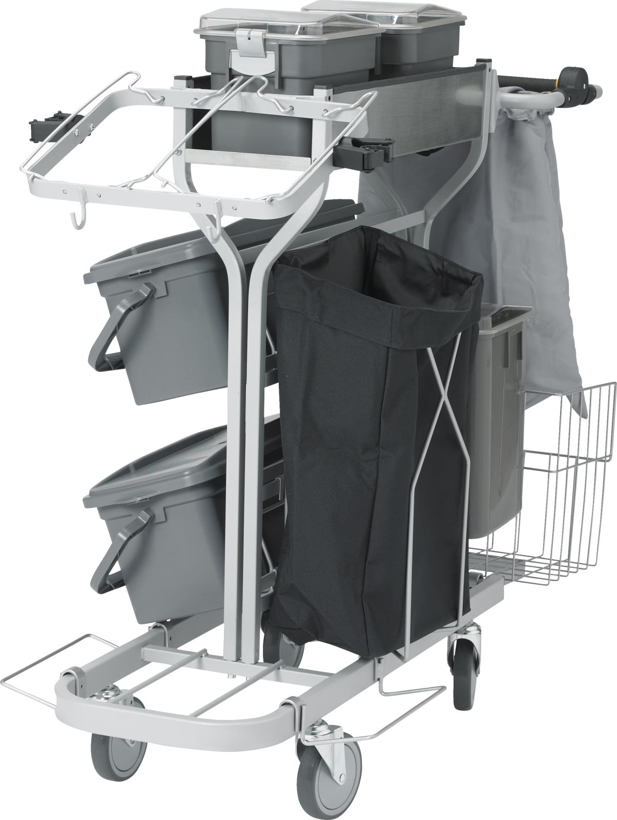 Städvagn Vikan Kompakt Plus i grå med flera fack och behållare för städutrustning