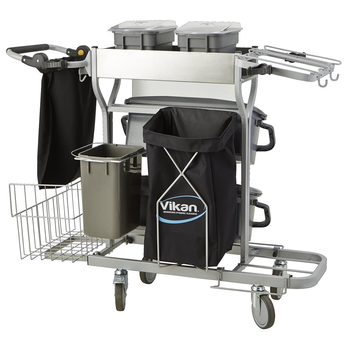 Städvagn Vikan Kompakt Plus i grå med olika fack och tillbehör för städning