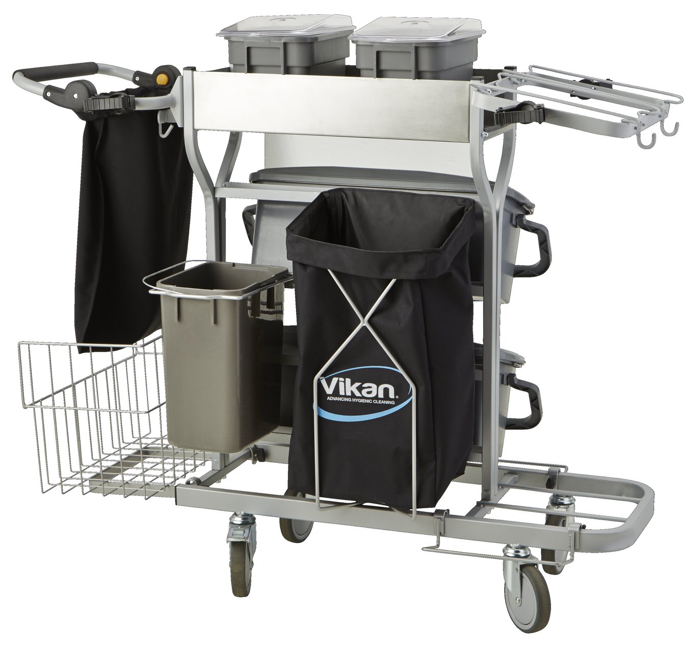 Städvagn Vikan Kompakt Plus i grå med olika fack och tillbehör för städning