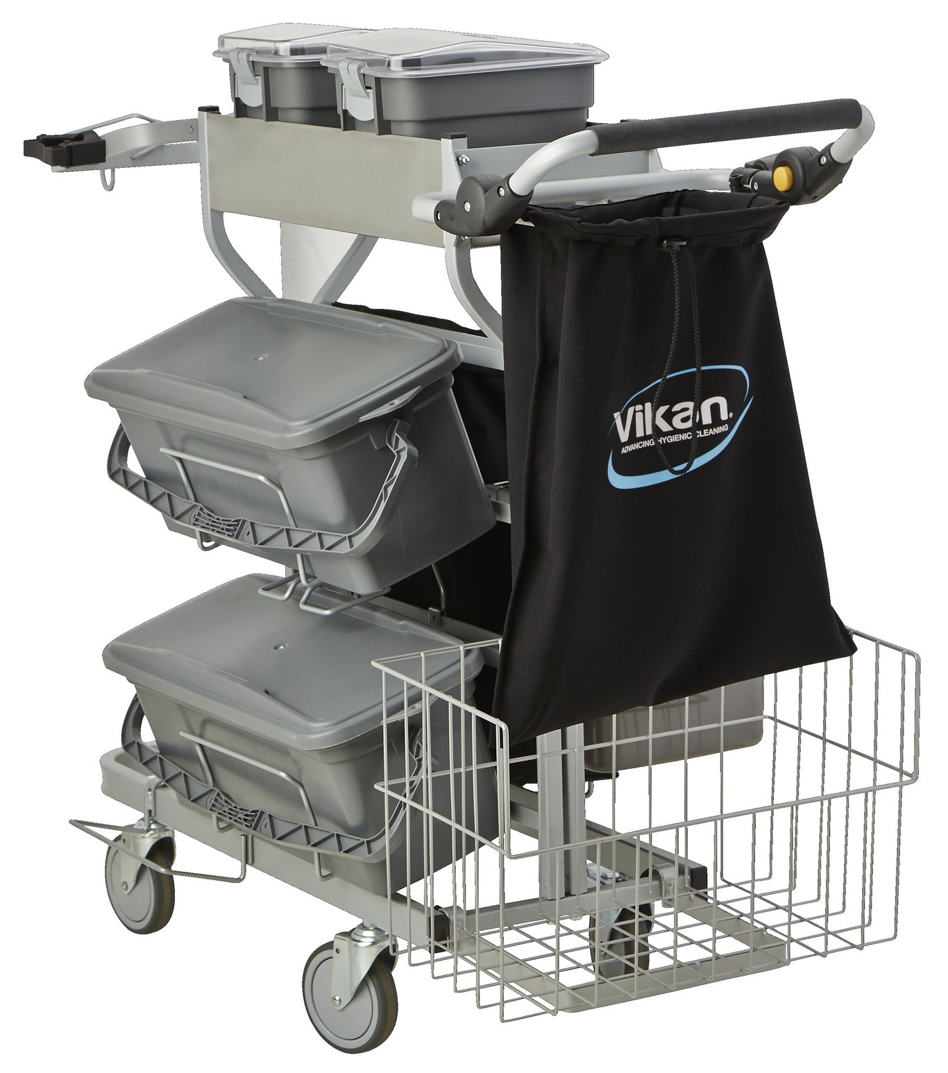 Städvagn Vikan Kompakt Plus i grå med flera förvaringsfack och korgar, på hjul för enkel transport