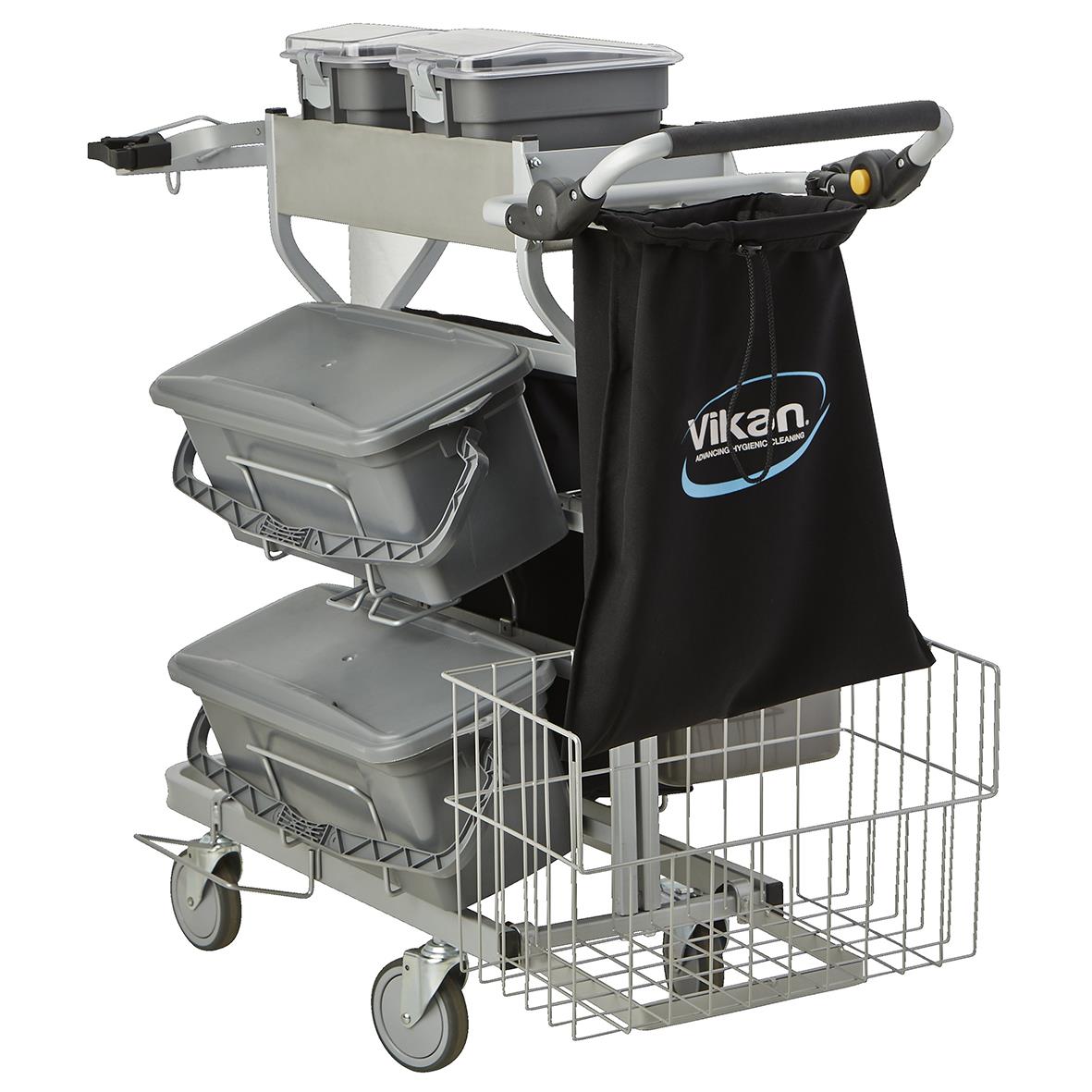 Städvagn Vikan Kompakt Plus i grå med flera förvaringsfack och korgar, på hjul för enkel transport