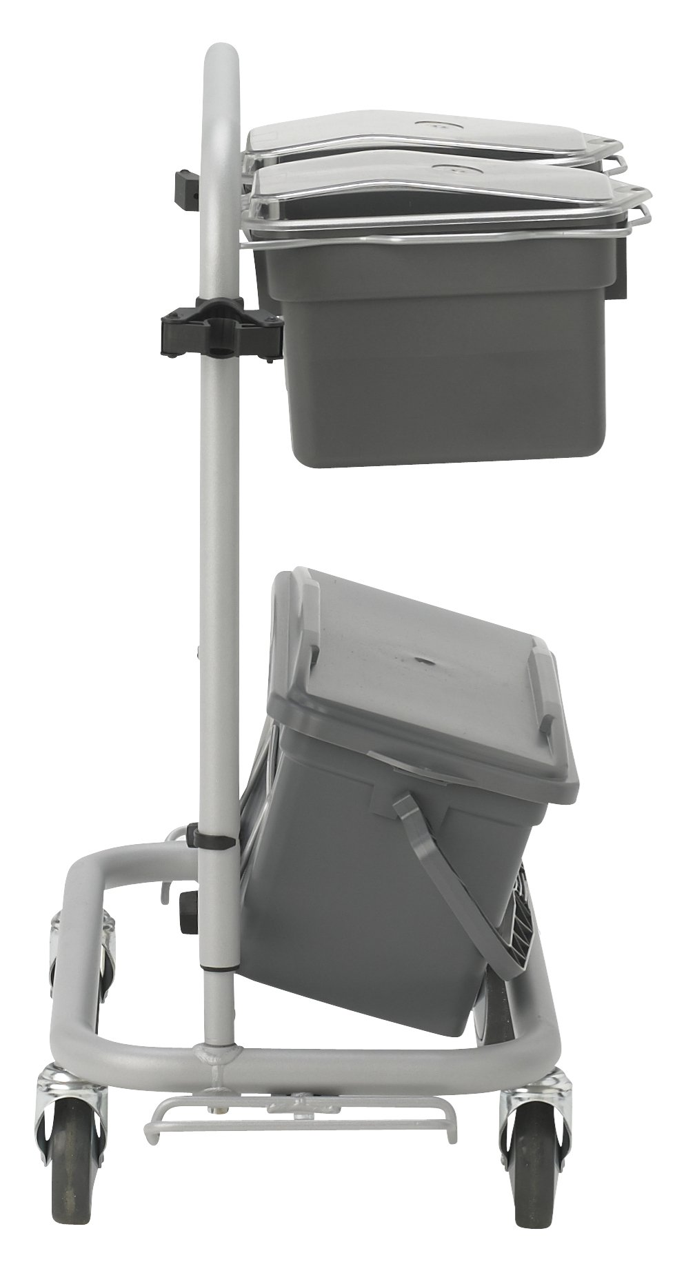 Städvagn Vikan Slimliner i grå med två behållare och en sopskål på hjul
