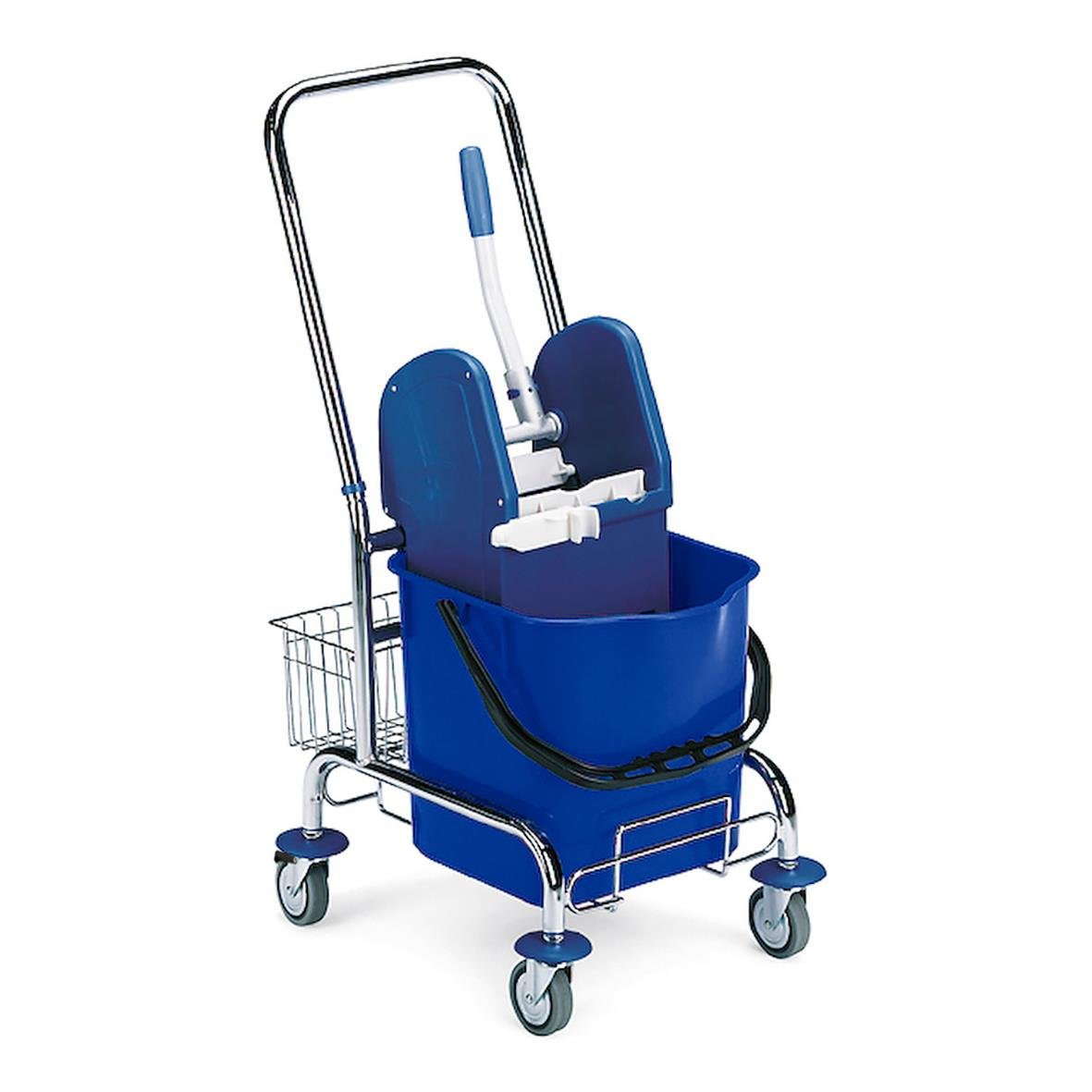 Svabbvagn med plastpress och blå hink, på fyra hjul