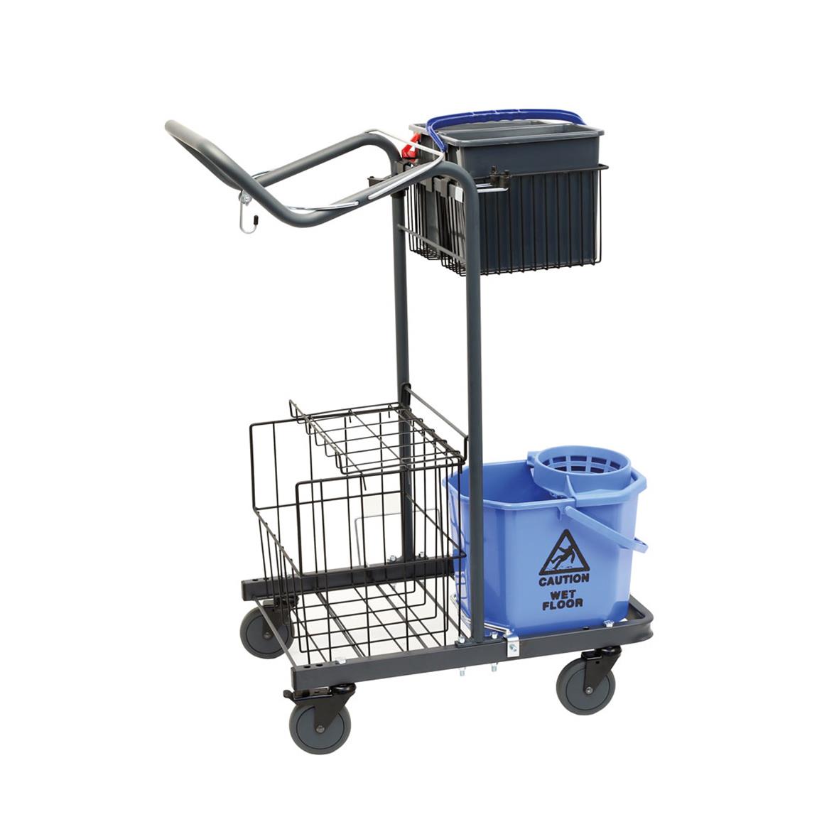 Städvagn med korg, mopphållare och sopbehållare på fyra hjul