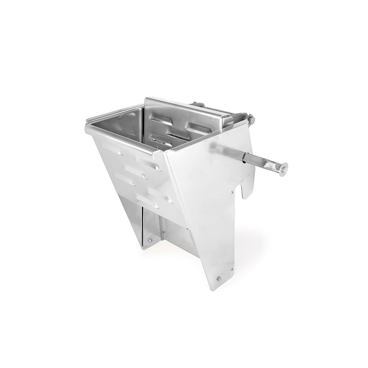 Stålbehållare med avloppsrör och handtag, troligen en industriell eller köksenhet