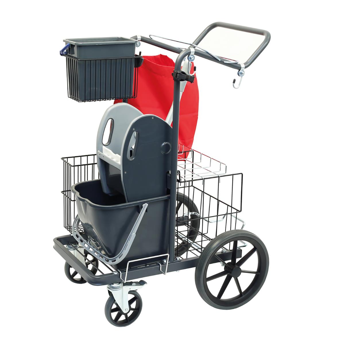 Städvagn med korg, påse och fack för städutrustning