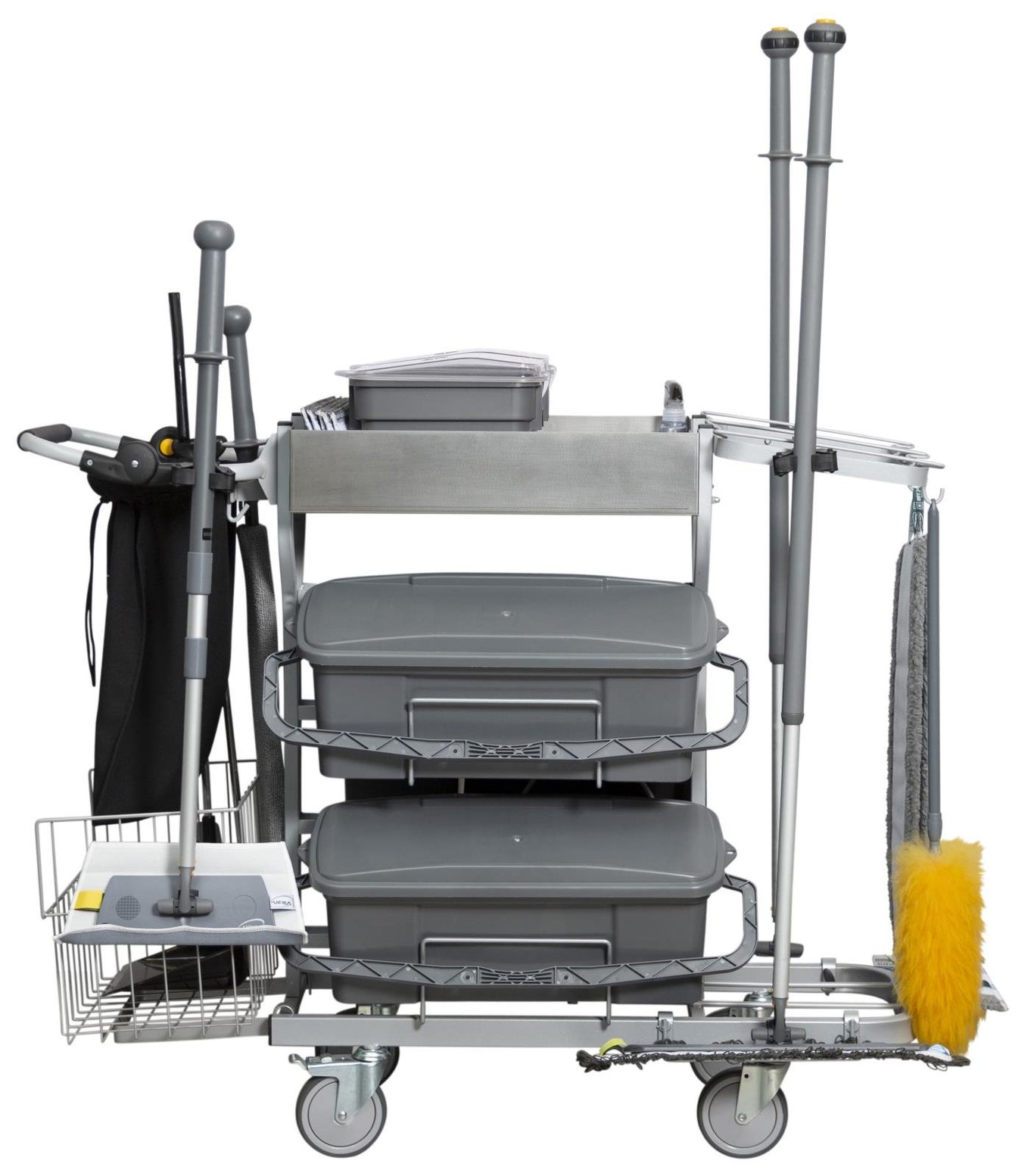Städvagnspaket Vikan Kompakt Plus 40cm med olika rengöringsverktyg och behållare på en vagn